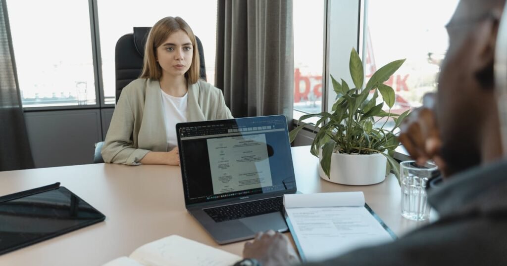 Candidate during a job interview in a modern office setting