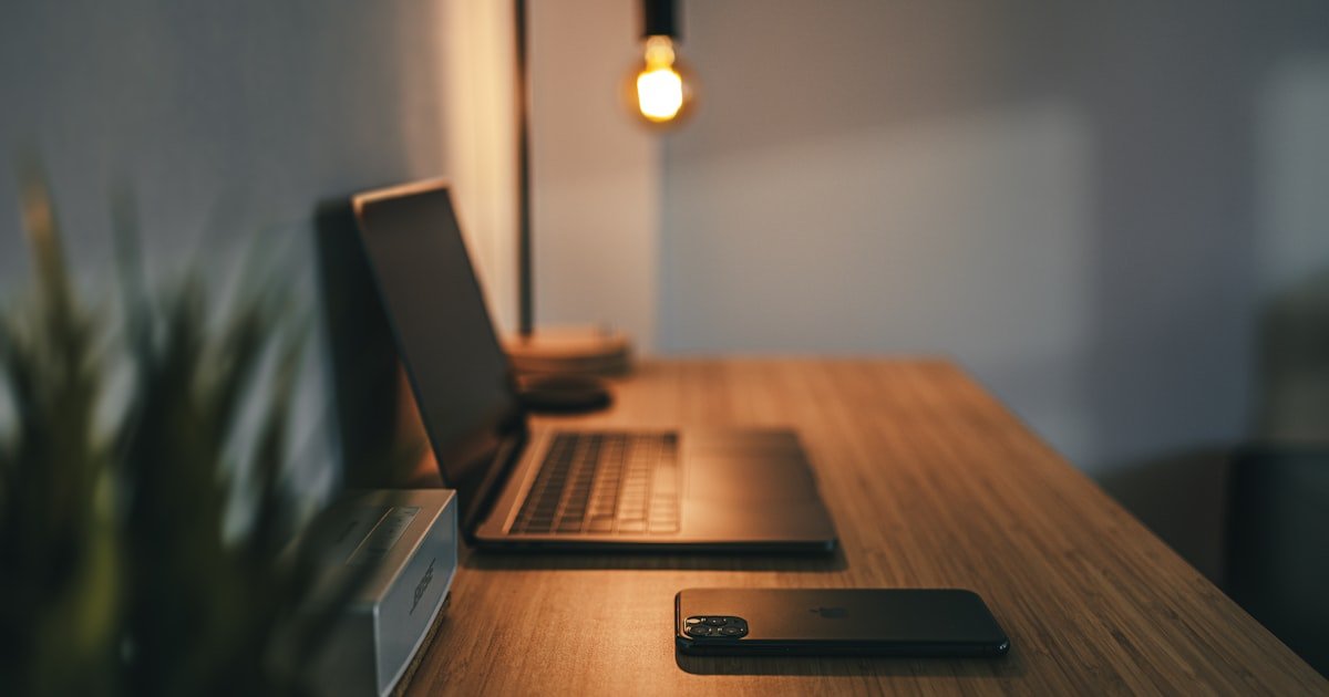Professional home office workspace with soft lighting for video interviews