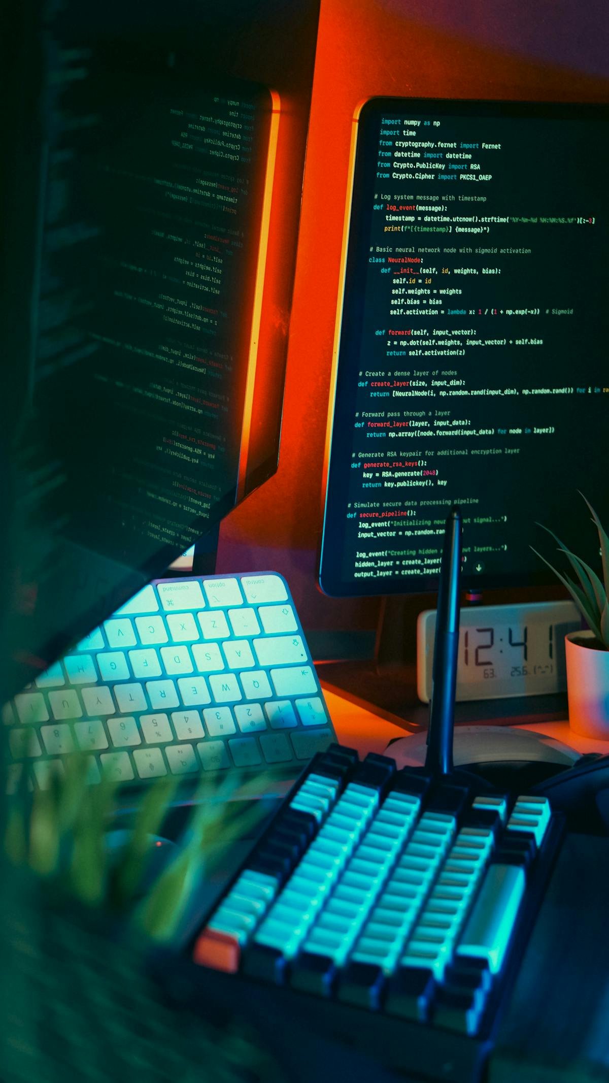 Software engineer writing code on dual monitors